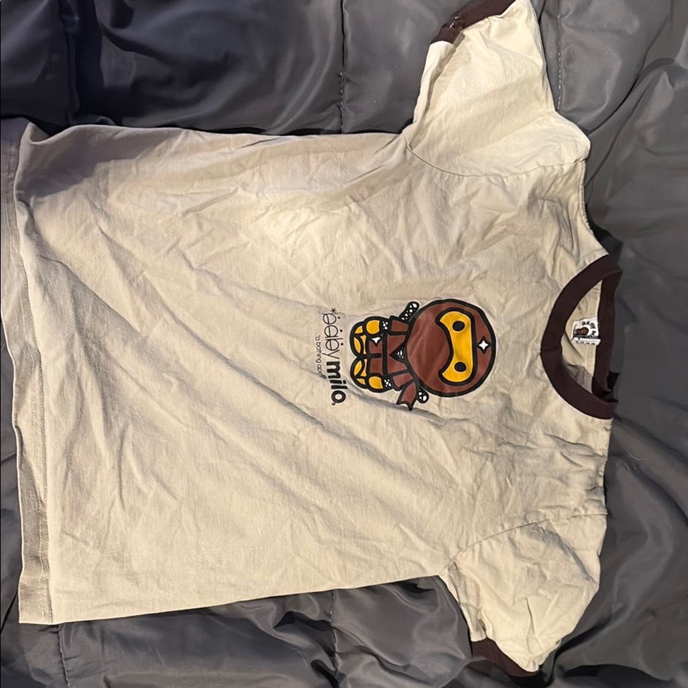 Cream and Brown Short Sleeve Tee with Cartoon Graphic